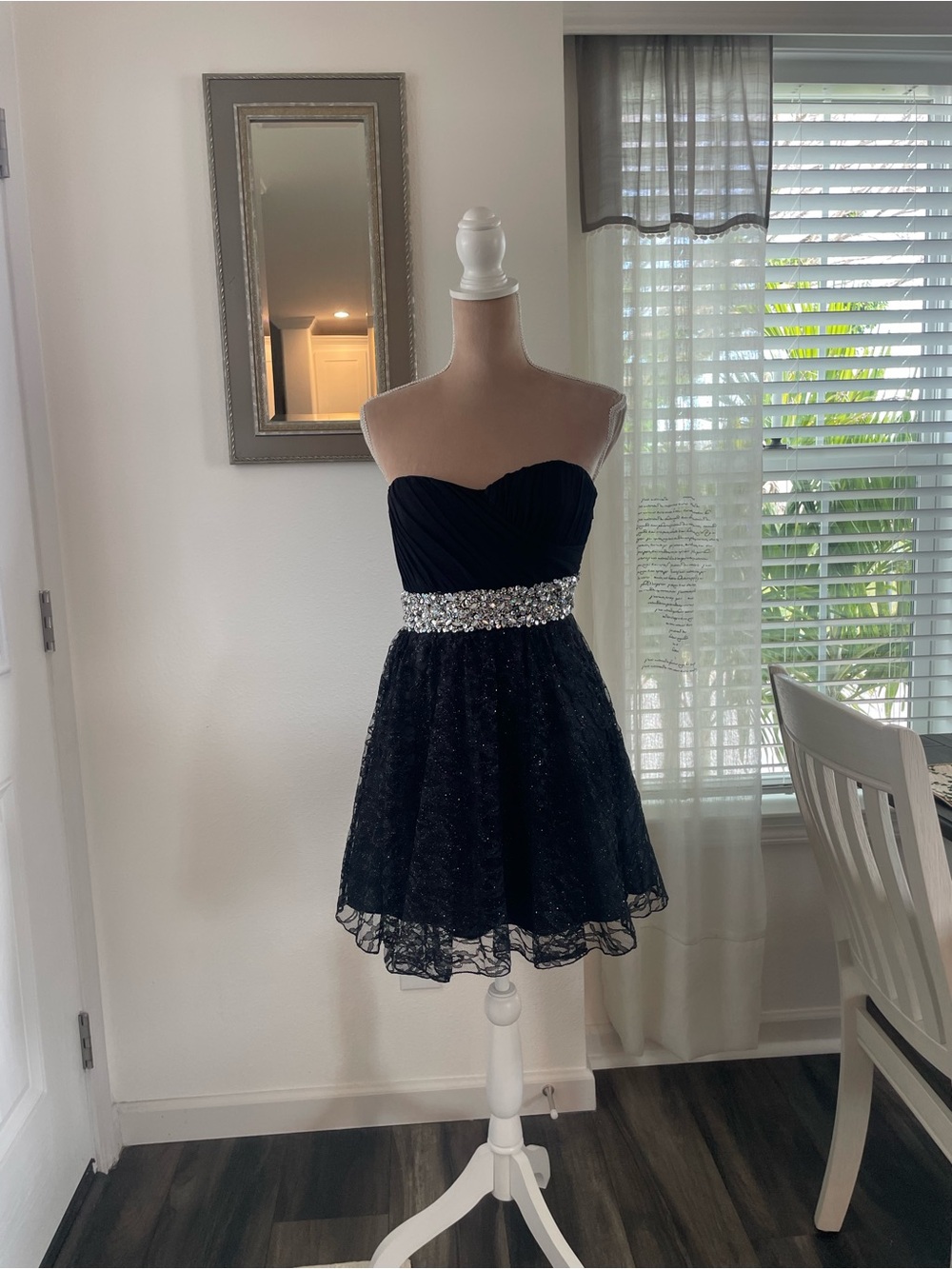 My Michelle Black Strapless Party Dress with Rhinestone Waistband, Size 7